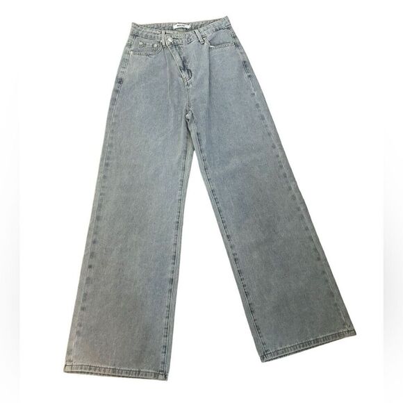 HDLTE Women Wide Leg Jeans High Waist Baggy Asymmetrical Waist Jeans Size Small - Picture 4 of 14
